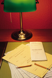 desk, documents, lamp, light