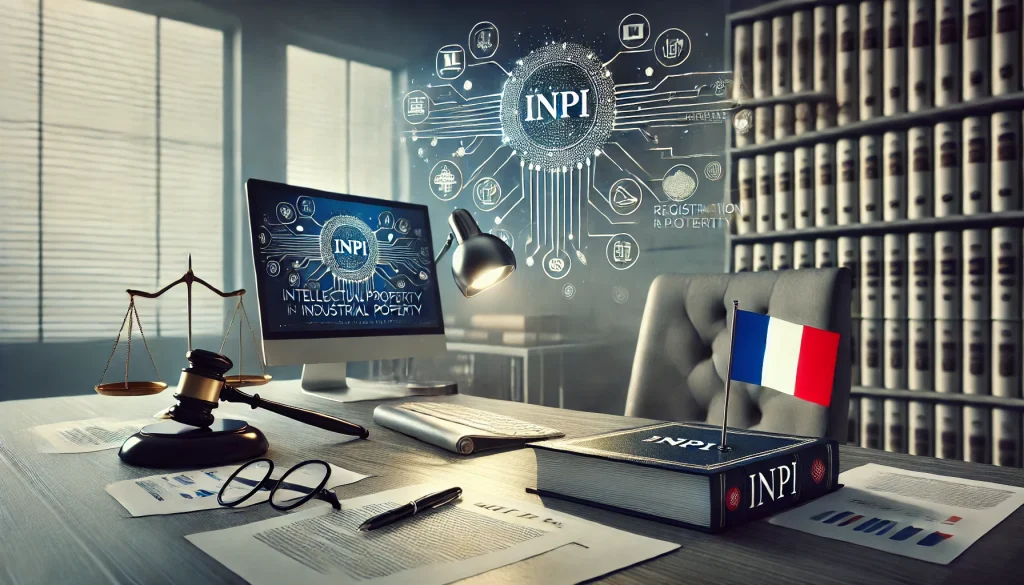 DALL·E 2024 10 21 15.18.44 A professional and sleek image illustrating intellectual property law and trademarks in France, without any characters. The image features a modern la