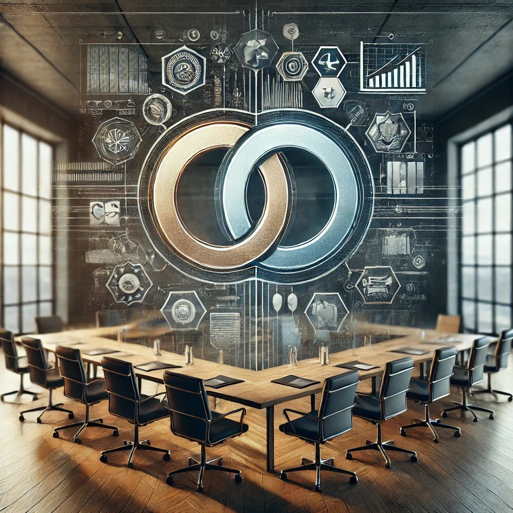 DALL·E 2024 10 23 11.18.25 A realistic and sober representation of the concept of co branding in a corporate setting. The image features two distinct corporate logos intertwined