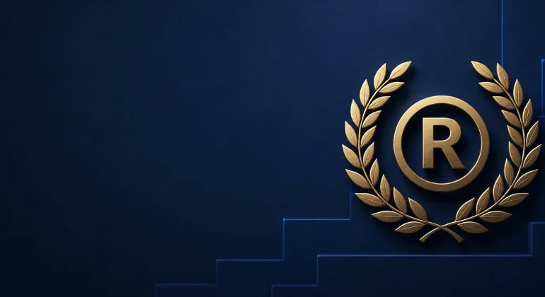 Couronne de laurier dorée entourant le symbole de marque déposée sur fond bleu, illustration de la distinction Advisory Excellence 2026.