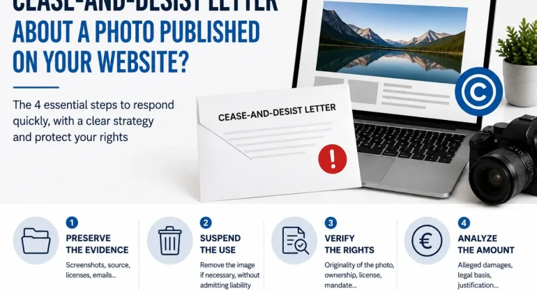 What should you do if you receive a cease and desist letter concerning a photograph published on a website?