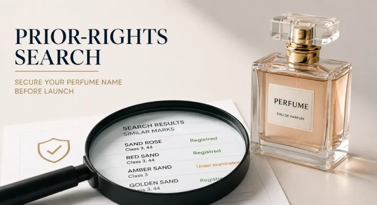 How can you secure prior-rights searches before launching a perfume?