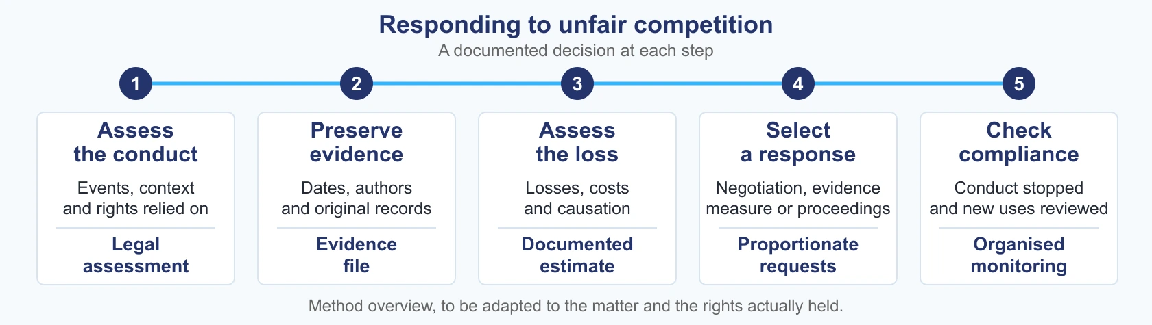 Assess the conduct, preserve evidence, quantify loss, select a response and monitor compliance.