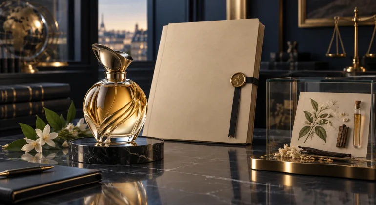 Flacon de parfum, composition olfactive et dossier juridique illustrant les différentes protections d’un parfum.