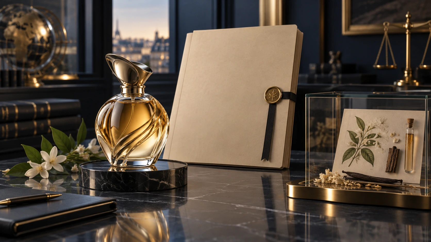 Flacon de parfum, composition olfactive et dossier juridique illustrant les différentes protections d’un parfum.