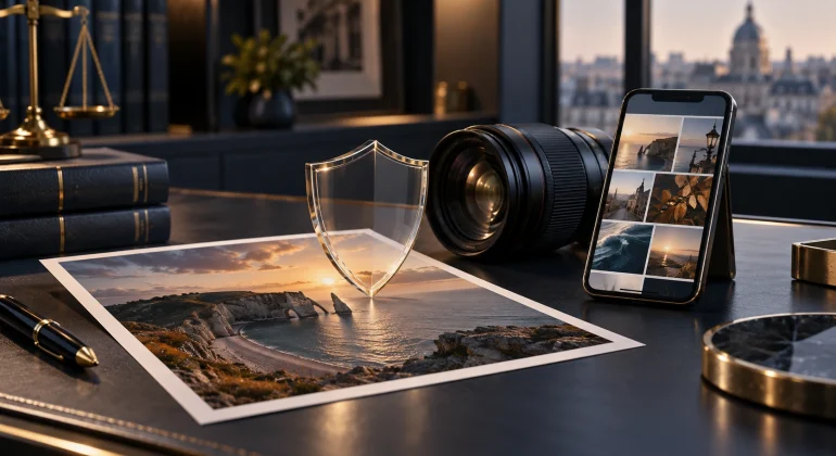 Photographie, objectif et galerie sur smartphone illustrant la protection des créations publiées en ligne.