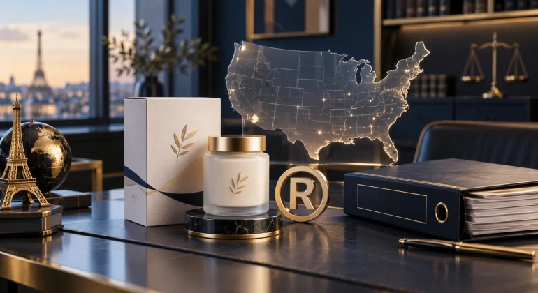 Étiquette commerciale, dossier de dépôt et silhouette des États-Unis illustrant une stratégie de marque.