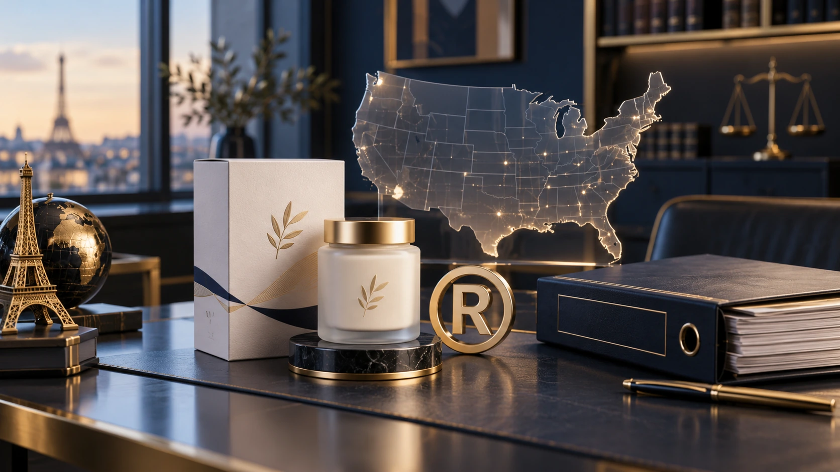 Étiquette commerciale, dossier de dépôt et silhouette des États-Unis illustrant une stratégie de marque.